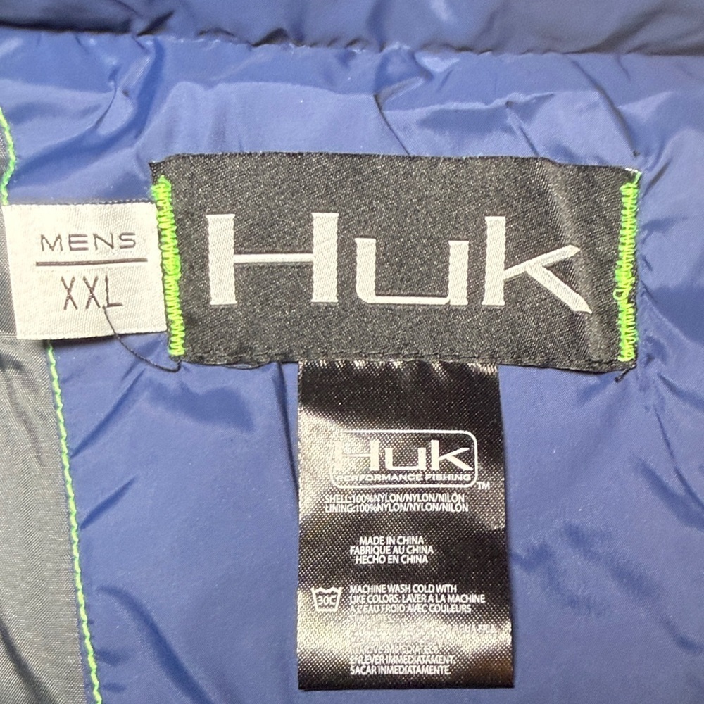 HUK Fishing Jacket Men's XXL Quilted Puffer Zip Up Blue Lime Green - Picture 6 of 10